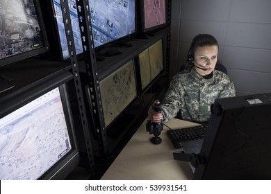 Female Military Drone Operator, Wide Shot