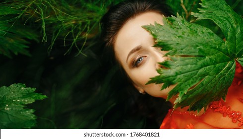 female model with natural makeup and healthy skin behind a green leaf of a plant. Beauty of the face. Portrait of a beautiful white girl with beautiful eyes in tropical nature - Shutterstock ID 1768401821