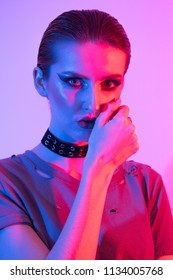 Female Model In Studio, Coloured Gel Lighting, Photography Lighting Technique. Gels And Color. Short Hair And Chocker, Edgy Alternative Fashio Look