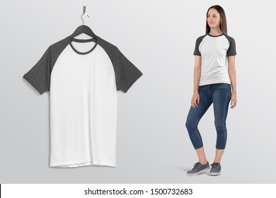 Female Model Wearing Raglan Plan Shirt In Blue Jeans Denim Pant Hanging T Shirt On Wall Isolated Wall