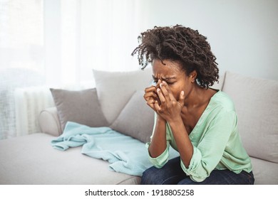 Female With Mood Disorder Having A Headache. Young Hopeless Woman Suffering From Depression Having Nervous Breakdown Holding Head. Young Woman Feeling Stressed And Depressed