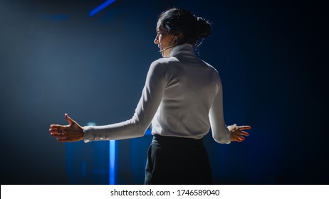 Female Motivational Speaker on Stage, Talking about Happiness, Diversity, Success, Leadership, STEM and How to Be Productive. Woman Presenter Leads Tech Business Conference. - Shutterstock ID 1746589040