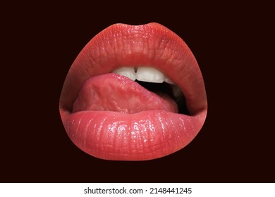 Female mouth isolated with red lipstick and tongue licking lips. Woman licking red lips.