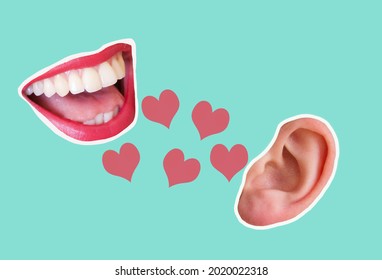 Female mouth talks to male or female ear about love. Contemporary art collage for a modern pop design. illustration for trendy urban magazine style, valentines, love. Copy space for text or ad.