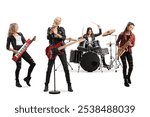 Female music band with a sax, guitairst, drummer and a keytar player isolated on white background