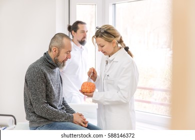 female neurologist is showing a male patient something on a synthetic brain