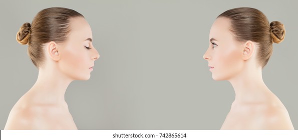 Female Nose Before And After Cosmetic Surgery Or Retouch. Rhinoplasty, Beauty And Cosmetology Concept