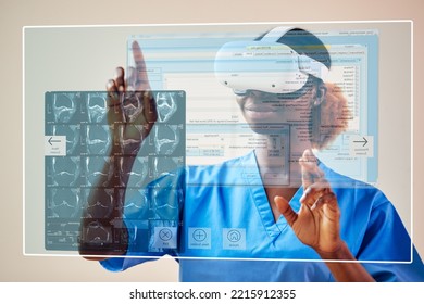 Female Nurse Or Doctor In Scrubs With VR Headset Interacting With AR Technology On Projected Screen