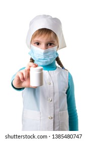 Female Nurse Pointing The White Pill Bottle Isolated On White Background, Portrait Orientation