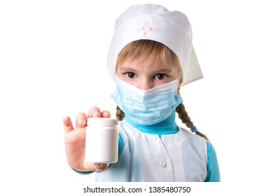 Female Nurse Pointing The White Pill Bottle Isolated On White Background, Landscape Orientation