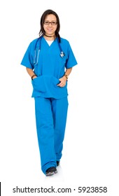 Female Nurse In Wearing Her Blue Uniform Walking - Isolated Over A White Background