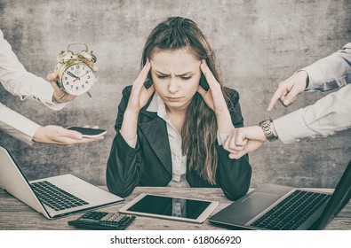 Female office worker is tired of work and exhausted. She has burned down and has depression. - Shutterstock ID 618066920