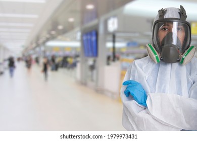 Female Officers In Protective Suit And Masks Work To Disease Surveillance At Building.