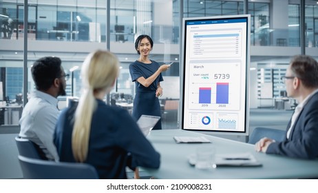 Female Operations Manager Holds Meeting Presentation for a Team of Economists. Asian Woman Uses Digital Whiteboard with Growth Analysis, Charts, Statistics and Data. People Work in Business Office. - Powered by Shutterstock