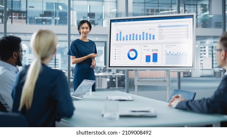 Female Operations Manager Holds Meeting Presentation for a Team of Economists. Asian Woman Uses Digital Whiteboard with Growth Analysis, Charts, Statistics and Data. People Work in Business Office.