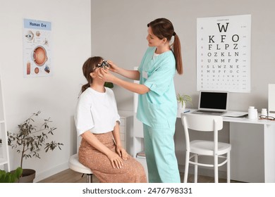 Female ophthalmologist putting trial frame on woman in clinic - Powered by Shutterstock