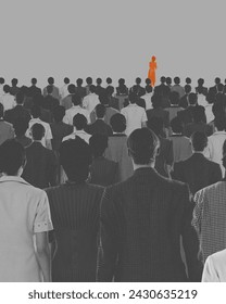 Female orange silhouette standing forward of monochrome crowd. Having different vision and point of view. Conceptual design. Concept of psychology, loneliness in society, difference