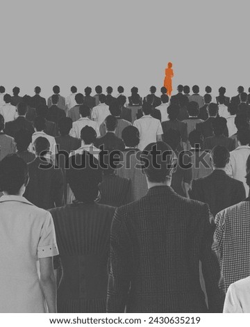 Female orange silhouette standing forward of monochrome crowd. Having different vision and point of view. Conceptual design. Concept of psychology, loneliness in society, difference