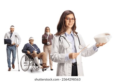 Female orthopedic doctor with a neck brace and a group of injured people with crutches and a wheelchair isolated on white background - Powered by Shutterstock