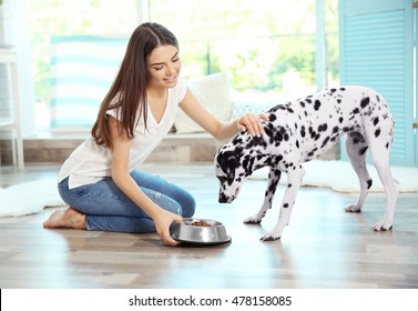 Female Owner Feeding Her Dalmatian Dog