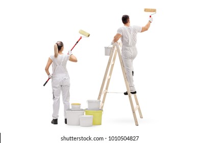 Female Painter And A Male Painter Climbed Up A Ladder Painting Isolated On White Background