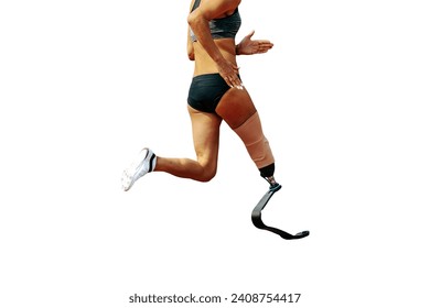 female para athlete on prosthetic leg running isolated on white background, summer para athletics games - Powered by Shutterstock