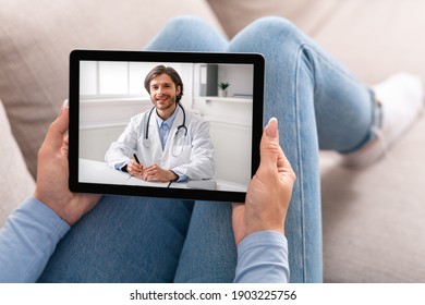Female patient having video chat with doctor on digital tablet at home, unrecognizable woman getting online consultation with therapist, enjoying telemedicine and remote medical services, collage