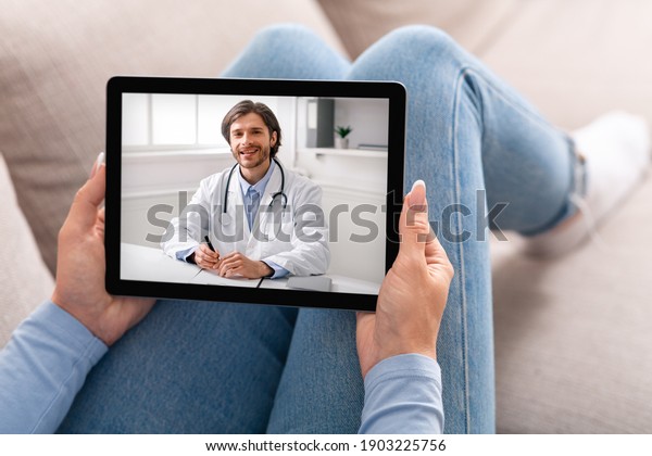 Female patient having video chat with doctor on\
digital tablet at home, unrecognizable woman getting online\
consultation with therapist, enjoying telemedicine and remote\
medical services,\
collage