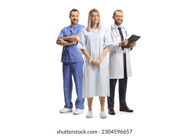 Female patient in a hospital gown standing in front of doctors isolated on white background - Powered by Shutterstock