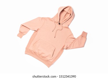 Female Peach Pink Sweatshirt With Pocket And Hood Isolated On White Background. Fashionable Women's Clothing, Hoody, Casual Youth Style, Sports. Autumn Fashion