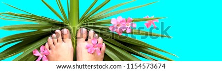 Female Pedicured Foots on Green Palm Leaf with Exotic Pink Flowers Isolated on Aquamarine  Background.