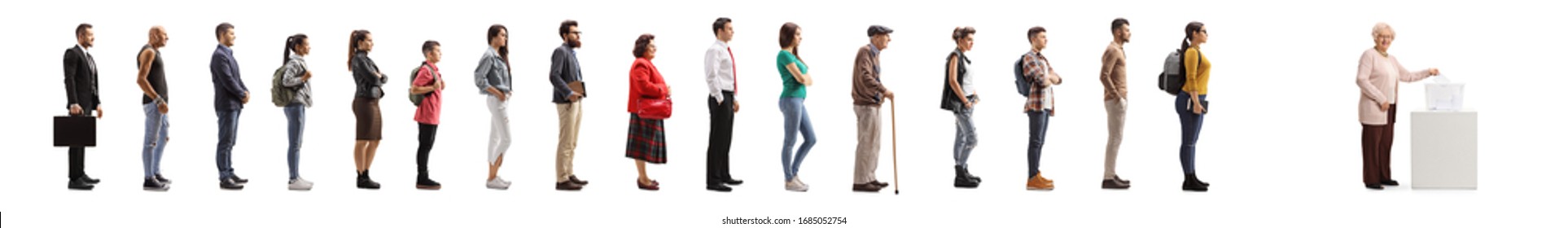 Female Pensioner Voting And People Waiting In Line Isolated On White Background