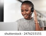 Female person, headphones and microphone with smile on call as contact center agent or sales representative at work. Black woman, happy and consultant as virtual assistant at office in tech support