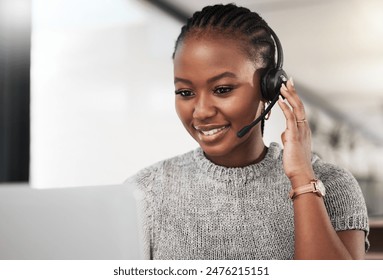 Female person, headphones and microphone with smile on call as contact center agent or sales representative at work. Black woman, happy and consultant as virtual assistant at office in tech support - Powered by Shutterstock