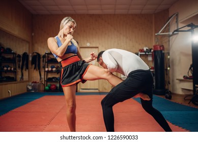 Female Person Makes Kick In Groin, Self Defense