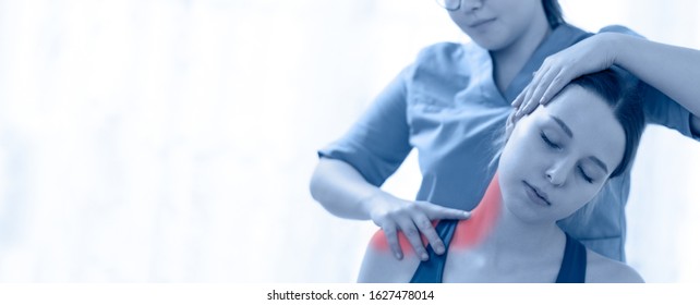Female physiotherapist or a chiropractor adjusting patients neck. Physiotherapy, rehabilitation banner. - Powered by Shutterstock