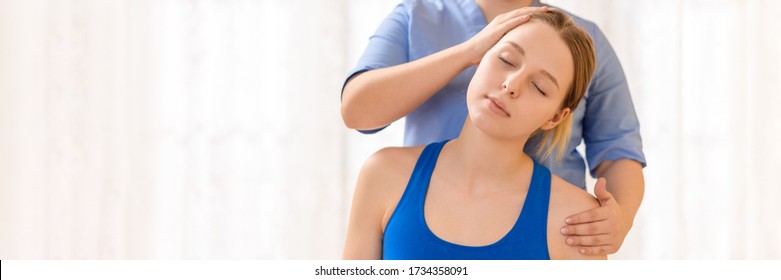 Female physiotherapist or a chiropractor adjusting patients neck. Physiotherapy, rehabilitation concept. White background banner front view with copy space. - Powered by Shutterstock