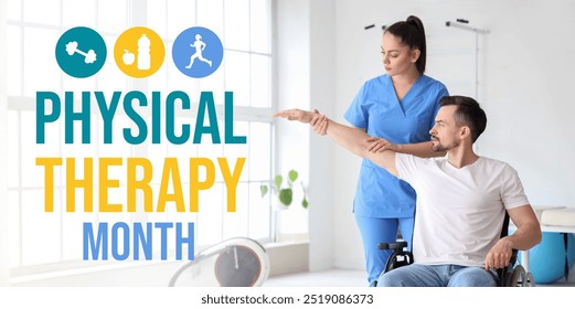 Female physiotherapist working with man in wheelchair. Banner for Physical Therapy Month - Powered by Shutterstock