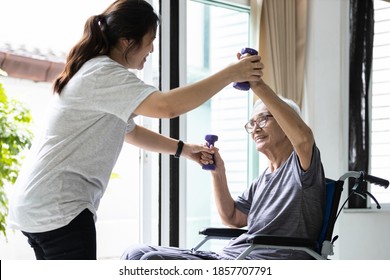 Female physiotherapist working or work out with a senior patient,old elderly exercising with dumbbells,asian caregiver assisting senior woman lifting weights during physical therapy in nursing home - Powered by Shutterstock