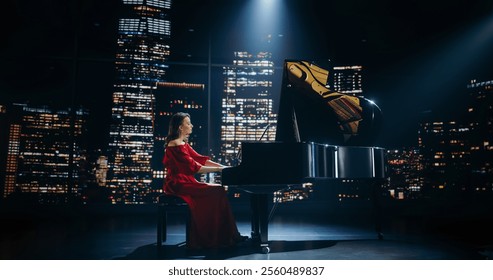 Female Pianist Playing Academic Music, Performing Classical Solo Compositions on Stage. Grand Piano Resounds With Rich, Melodic Tones of a Romantic Ballad, Caucasian Pianist Entertaining the Audience - Powered by Shutterstock