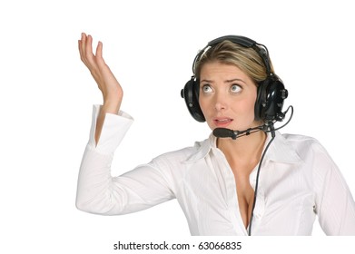 Female Pilot Or Air Traffic Controller Screaming Over A White Background