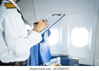 A female pilot in a blazer with epaulettes leans forward in the passenger seat of the airplane cockpit, checking the flight plan before takeoff, ensuring all pre-flight checks are complete. - Powered by Shutterstock