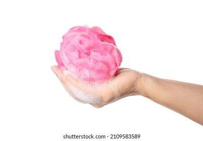 Female with pink bath sponge and foam on white background, closeup