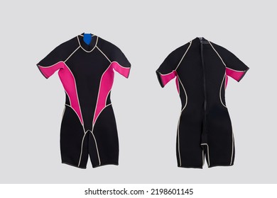 Female Pink Short Diving Wet Suit For Underwater Swimming Isolated On White Background