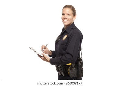 FEMALE POLICE OFFICER | Happy Female Cop In Uniform Writing Report Against White Background.