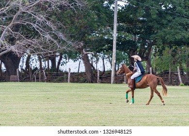 Female Polo Umpire/Referee /Official Mounted On Horse And Riding Across The Field With Pickup Stick