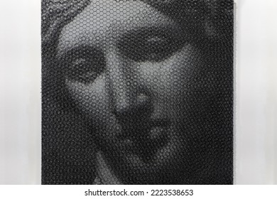 Female Portrait Made With Overlapping Twisted Wire Mesh.