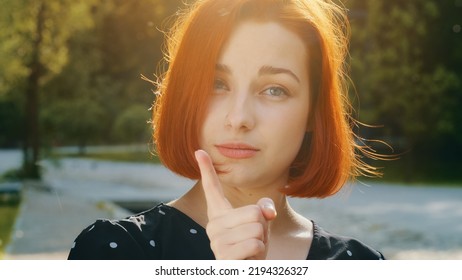 Female Portrait Outdoors In City Dissatisfied Redhead Caucasian Woman Girl Shakes Index Finger Warns Disapprovingly Gesture Caution Sign Disagreement No Saying Not Never Denies Prohibition Rejection