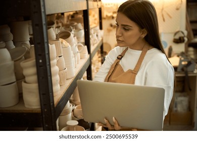 Female potter in ceramics studio checking orders using laptop - Powered by Shutterstock