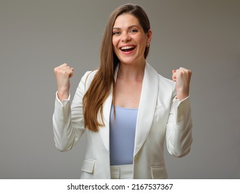 Female Power Concept Portrait With Woman In White Suit, Studio Isolated.